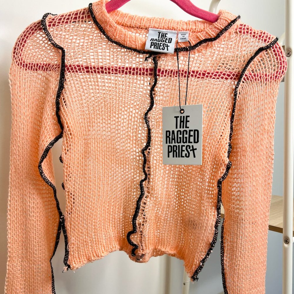 The Ragged Priest Pink Sheer open knit top w/ exposed seams, size XS NEW